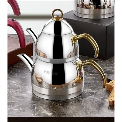 POLOCHEF ZÜMRÜT ORTA BOY GOLD SAPLI ÇELİK ÇAYDANLIK 102ZAÇ resmi