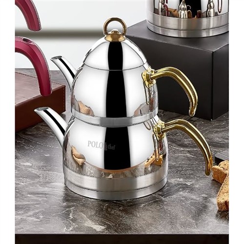 POLOCHEF ZÜMRÜT ORTA BOY GOLD SAPLI ÇELİK ÇAYDANLIK 102ZAÇ resmi